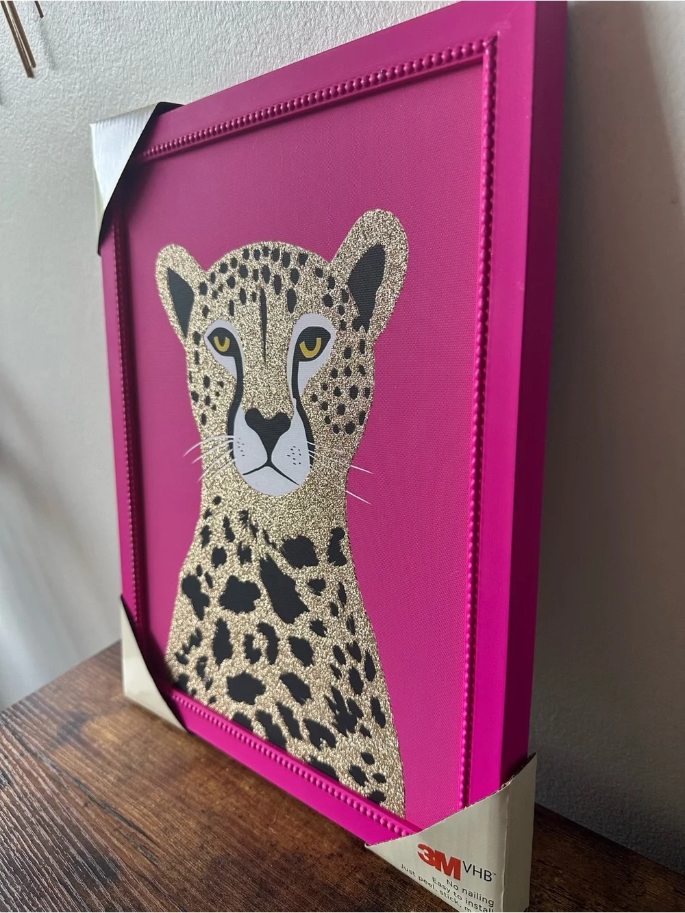 3M Pink Leopard Wall Art Framed Bright Pink Background Gold Glitter Accents NWT